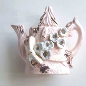 Vintage Pink Gilded Watering Can Sculpture, Floral Porcelain, Toothpick Holder